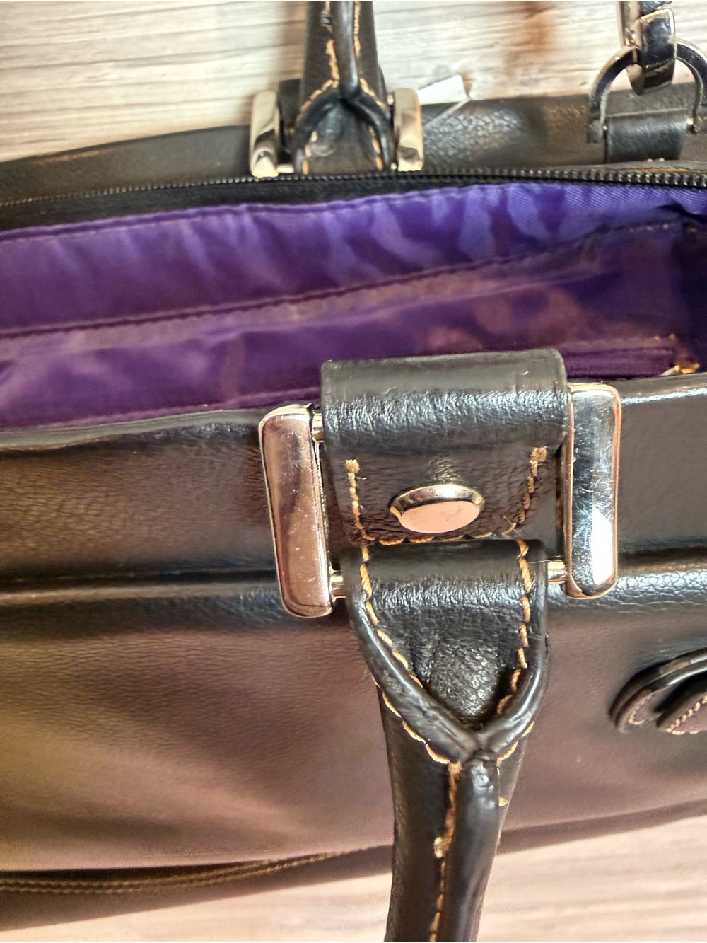 FranklinCovey Black Leather Laptop Bag Briefcase Tote Crossbody Satchel Purple - Picture 5 of 9
